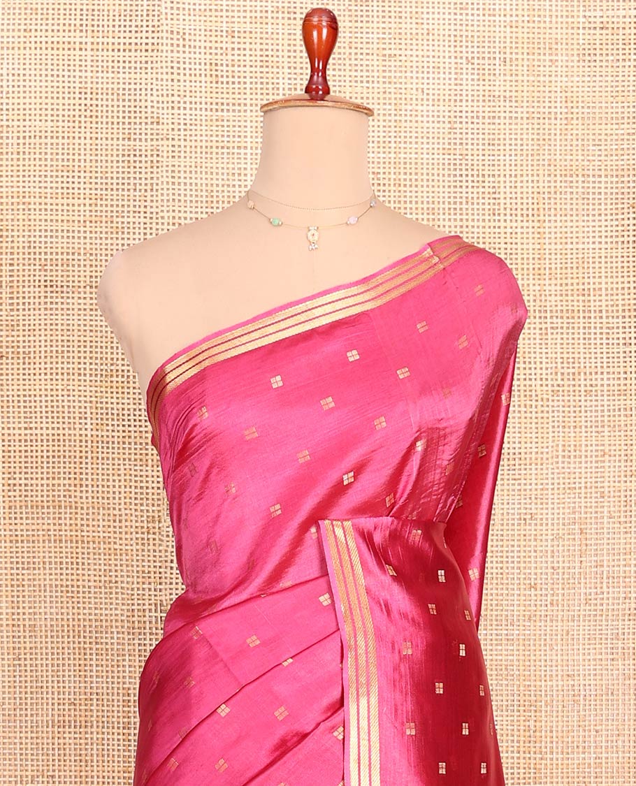 Candy Pink Banana Pith Saree Enlivened with Square-Shaped Zari Buttas, Subtly Woven Zari Piping Border, Pallu Gleamed Up with Zari Stripes, and Paired with a Matching Blouse - Image 2