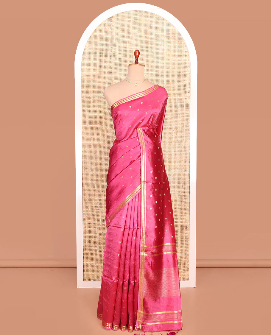 Candy Pink Banana Pith Saree Enlivened with Square-Shaped Zari Buttas, Subtly Woven Zari Piping Border, Pallu Gleamed Up with Zari Stripes, and Paired with a Matching Blouse - Image 3