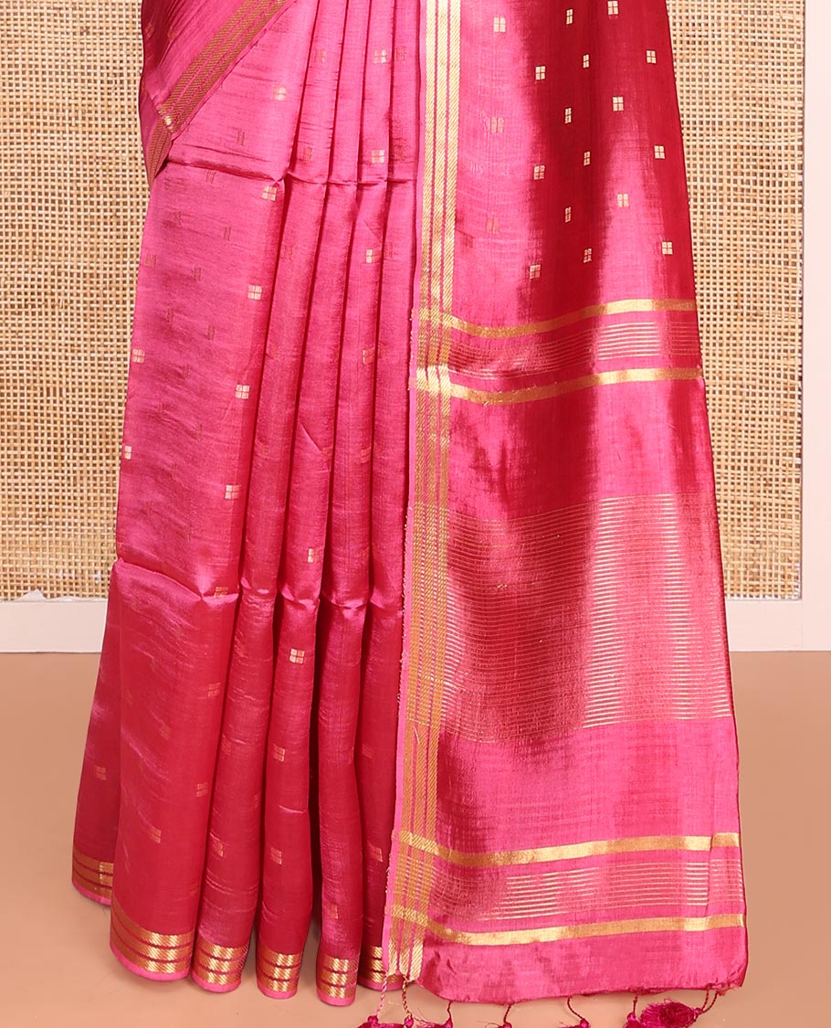 Candy Pink Banana Pith Saree Enlivened with Square-Shaped Zari Buttas, Subtly Woven Zari Piping Border, Pallu Gleamed Up with Zari Stripes, and Paired with a Matching Blouse - Image 4