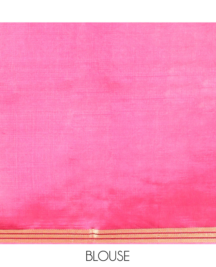 Candy Pink Banana Pith Saree Enlivened with Square-Shaped Zari Buttas, Subtly Woven Zari Piping Border, Pallu Gleamed Up with Zari Stripes, and Paired with a Matching Blouse - Image 5