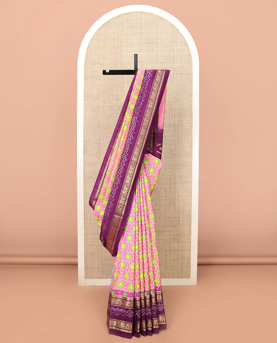 Candy Pink Ikkat Silk Saree Adorned with Ogee Patterns, Complemented by a Contrasting Elephant Zari Border, a Hazily Woven Pallu of Intricate Patterns, and a Contrasting Blouse - Image 2