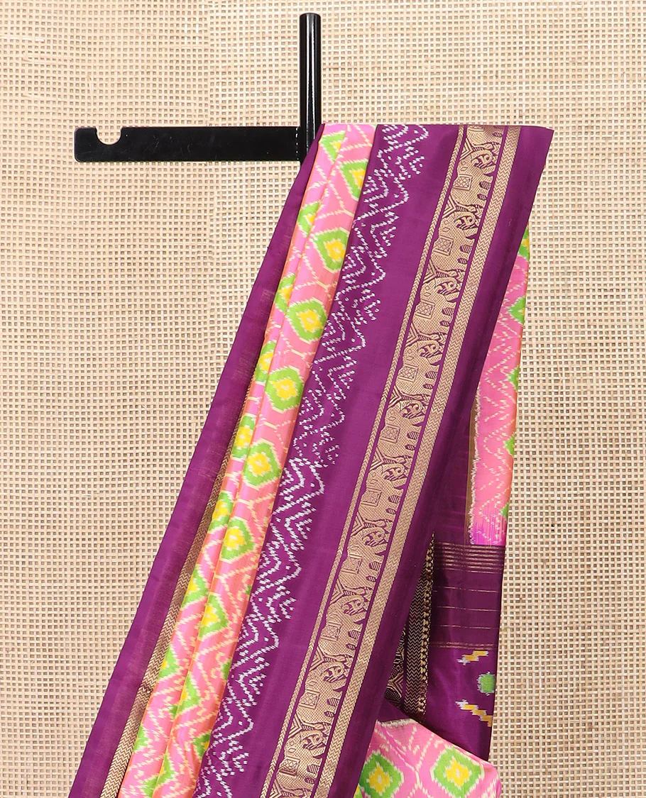 Candy Pink Ikkat Silk Saree Adorned with Ogee Patterns, Complemented by a Contrasting Elephant Zari Border, a Hazily Woven Pallu of Intricate Patterns, and a Contrasting Blouse - Image 3