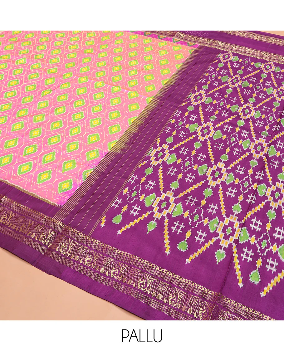 Candy Pink Ikkat Silk Saree Adorned with Ogee Patterns, Complemented by a Contrasting Elephant Zari Border, a Hazily Woven Pallu of Intricate Patterns, and a Contrasting Blouse - Image 5