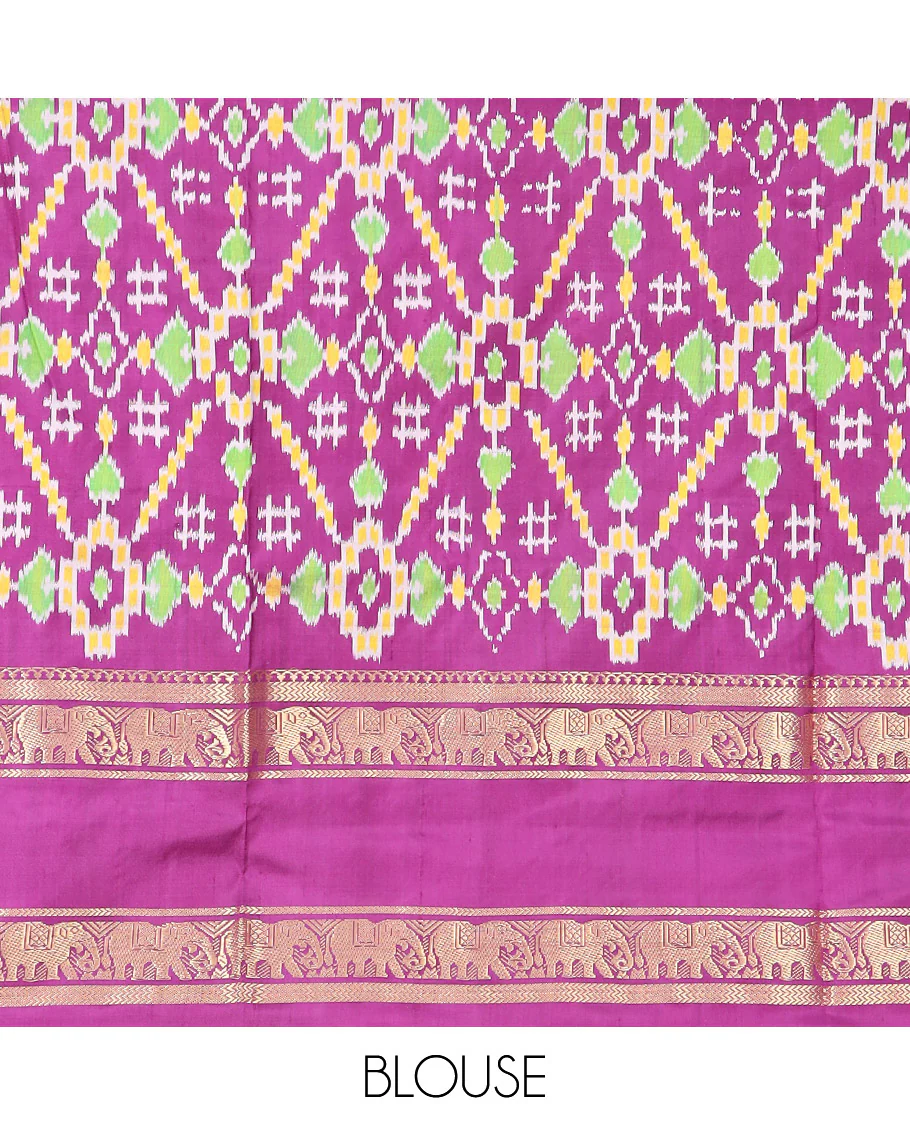 Candy Pink Ikkat Silk Saree Adorned with Ogee Patterns, Complemented by a Contrasting Elephant Zari Border, a Hazily Woven Pallu of Intricate Patterns, and a Contrasting Blouse - Image 6