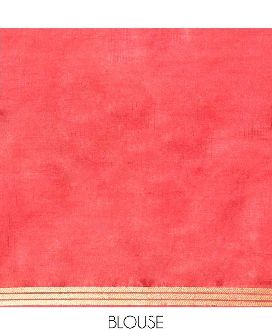 Candy Red Banana Pith Saree Mesmerized with Square-Shaped Zari Buttas, Subtly Woven Zari Piping Border, Pallu Gleamed Up with Zari Stripes, and Paired with a Matching Blouse - Image 5
