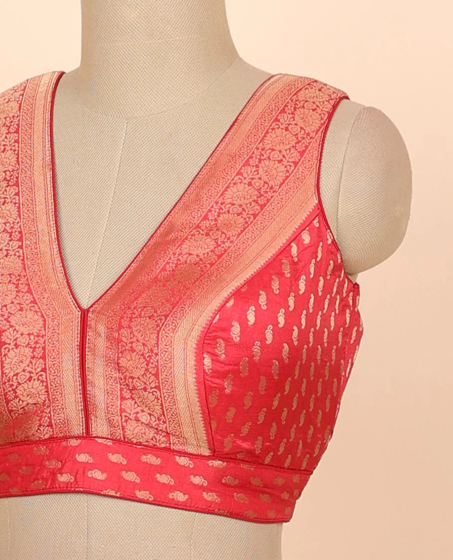 Cherry red floral zari design front & back deep v-neck raw-silk readymade sleeveless blouse - Image 3