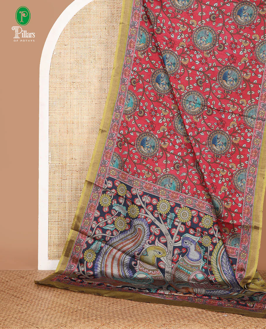 Cherry red kalamkari flora-fauna printed kadhi linen saree,contrast zari piping & floral print border,kalamkari peacock pallu & printed blouse - Image 2