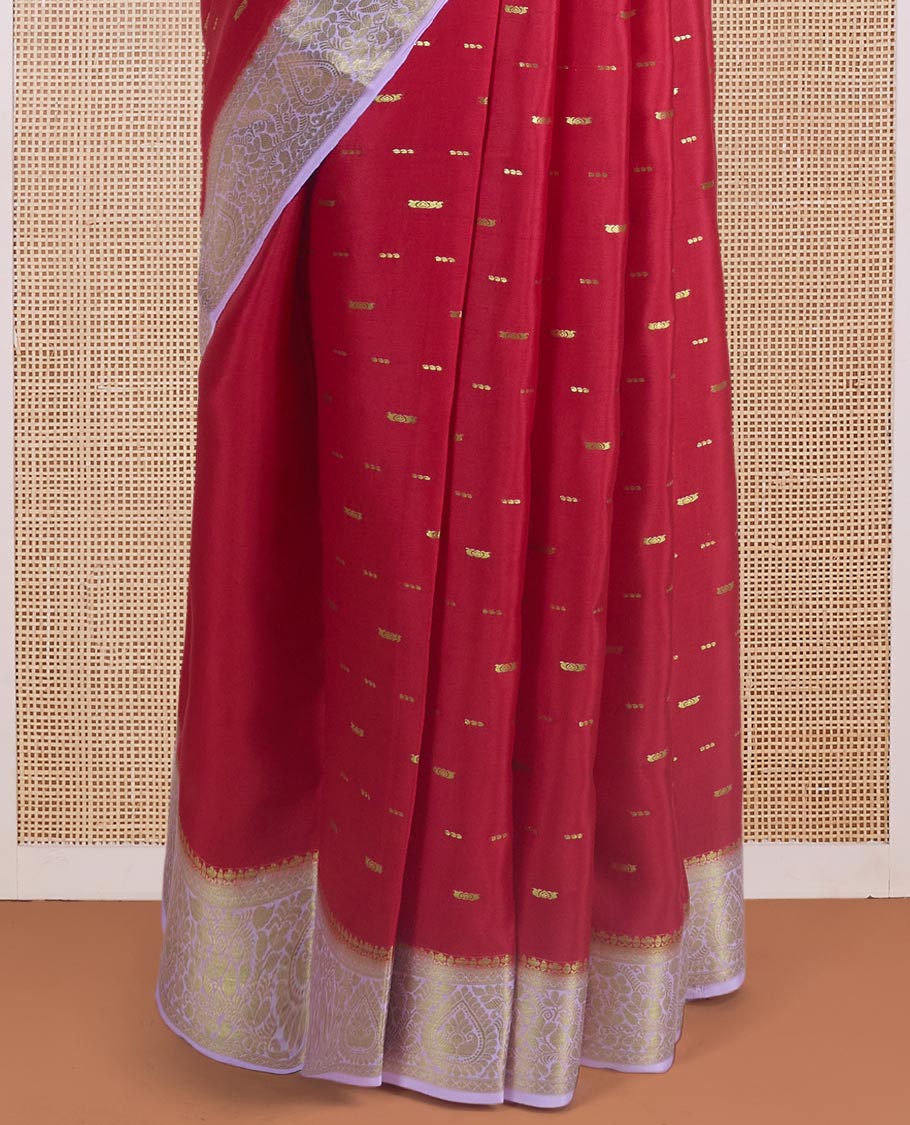 Cherry red zari buttas Mysore silk saree, contrast thilakam motif zari border, and leaf jaal zari-rich pallu - Image 4