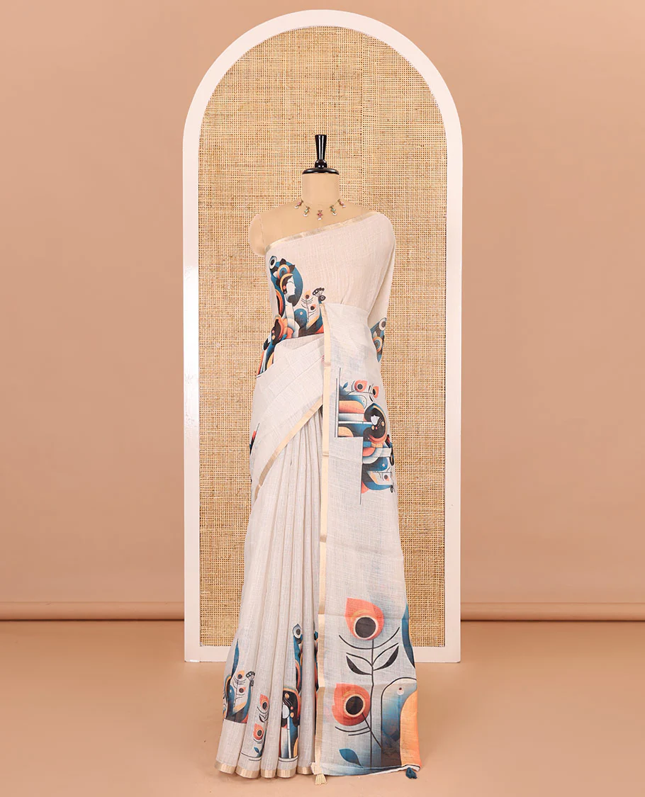 Chikku abstract Radha Krishna motifs printed linen cotton saree, gold zari piping border, Radha Krishna motifs printed pallu, and a peacock printed blouse - Image 2
