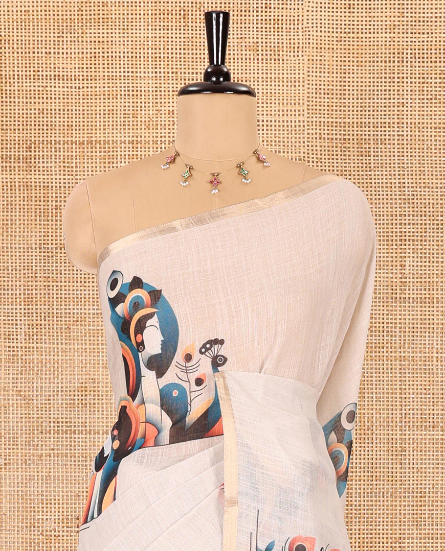Chikku abstract Radha Krishna motifs printed linen cotton saree, gold zari piping border, Radha Krishna motifs printed pallu, and a peacock printed blouse - Image 3