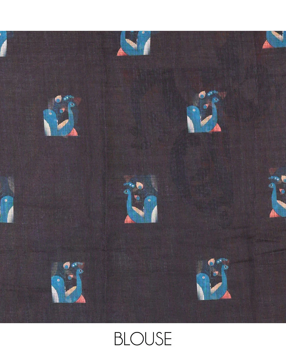 Chikku abstract Radha Krishna motifs printed linen cotton saree, gold zari piping border, Radha Krishna motifs printed pallu, and a peacock printed blouse - Image 4