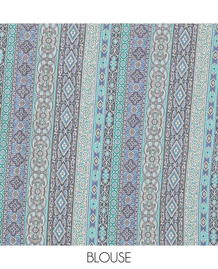 Chikku and blue plain Khicha Tussar saree, temple border of intricate Ajrakh print, Ajrakh printed pallu, and contrast Ajrakh printed blouse - Image 4