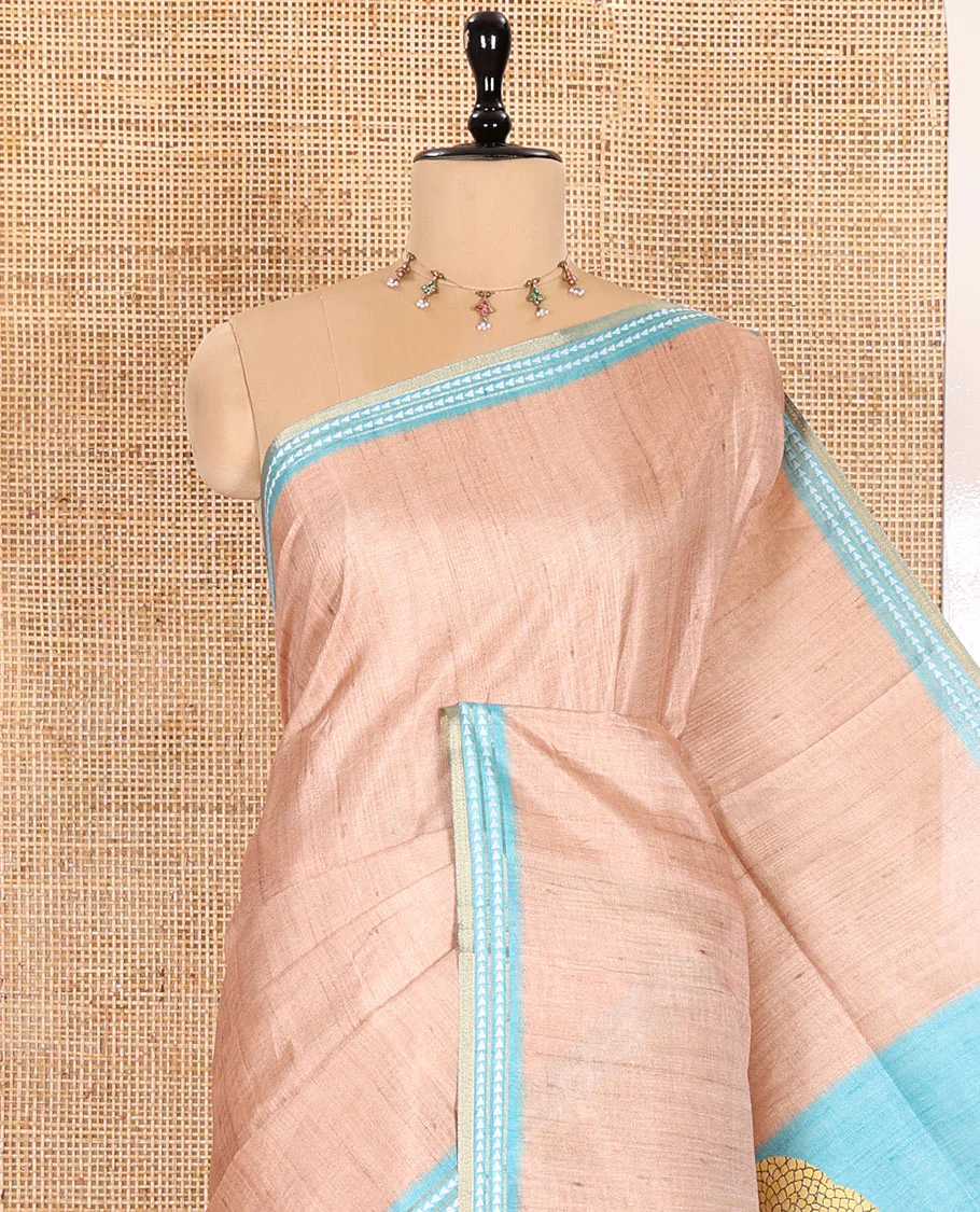 Chikku and Blue Plain Semi-Tussar Saree, Complemented by a Contrast Resham Thread Border, Tree of Life Printed Pallu, and Paired with a Contrast Bird Motifs Printed Blouse - Image 2