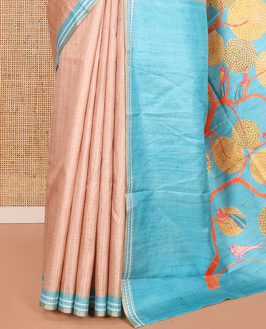 Chikku and Blue Plain Semi-Tussar Saree, Complemented by a Contrast Resham Thread Border, Tree of Life Printed Pallu, and Paired with a Contrast Bird Motifs Printed Blouse - Image 3