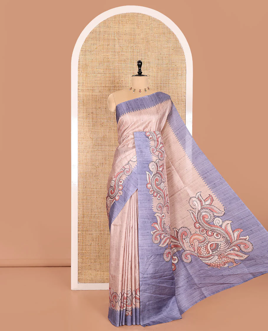 Chikku and Grey Plain Semi-Tussar Saree Accentuated with a Contrast Temple Kalamkari Floral-Printed Border, Featuring a Pallu Adorned with Kalamkari Peacock Print, Paired with a Printed Blouse - Image 5
