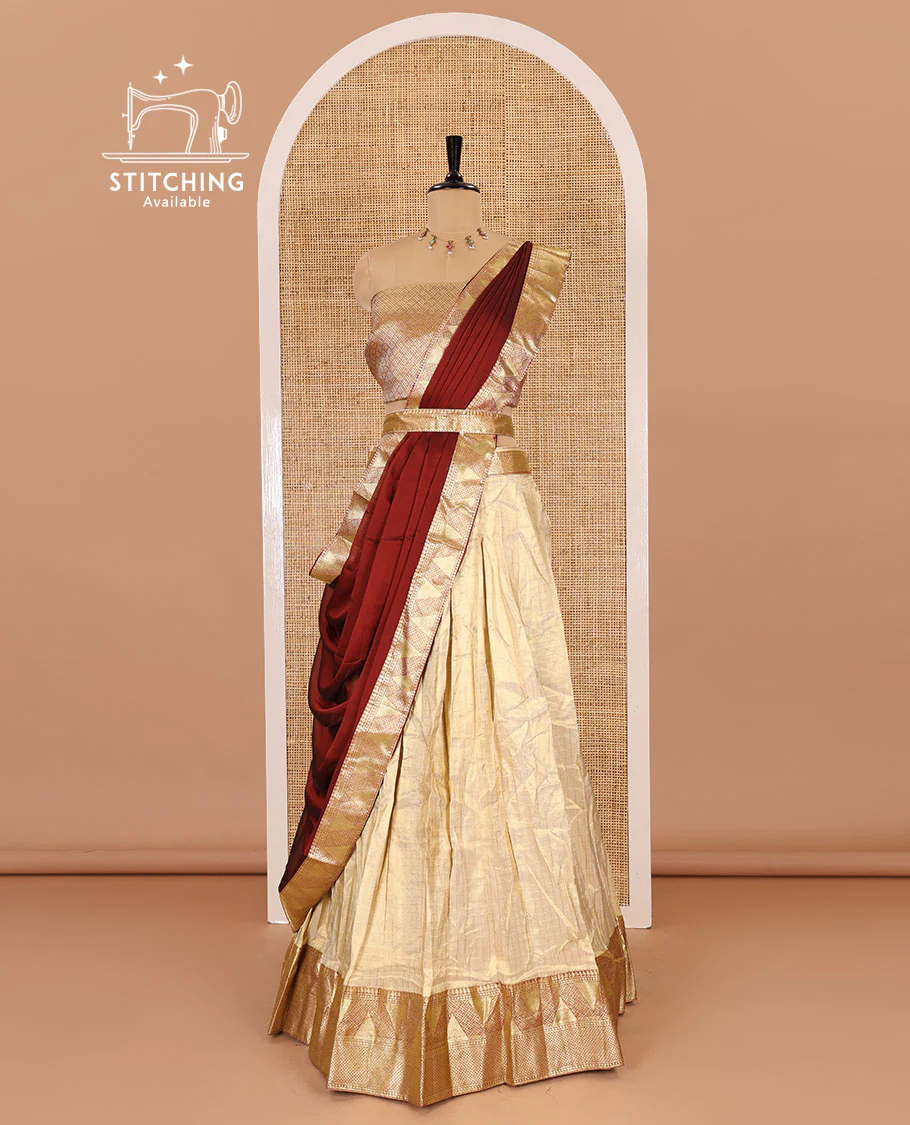 Chikku and maroon half-saree, zari checked with contrast traditional zari bordered banarasi skirt, jacquard blouse, and a contrast zari bordered syska georgette dhavani - Image 3