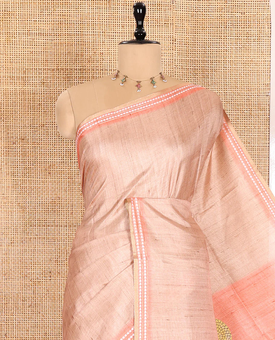 Chikku and Orange Plain Semi-Tussar Saree, Complemented by a Contrast Resham Thread Border, Tree of Life Printed Pallu, and Paired with a Contrast Bird Motifs Printed Blouse - Image 2