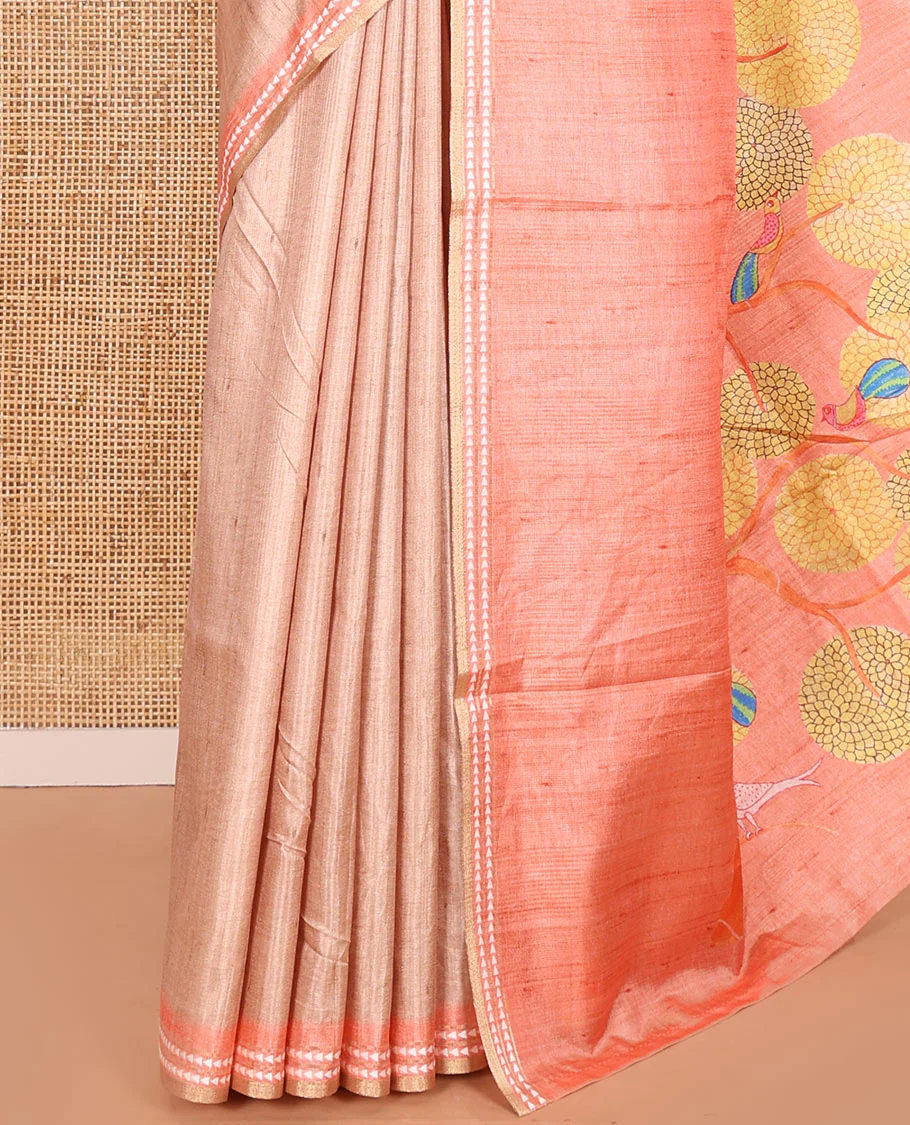 Chikku and Orange Plain Semi-Tussar Saree, Complemented by a Contrast Resham Thread Border, Tree of Life Printed Pallu, and Paired with a Contrast Bird Motifs Printed Blouse - Image 3