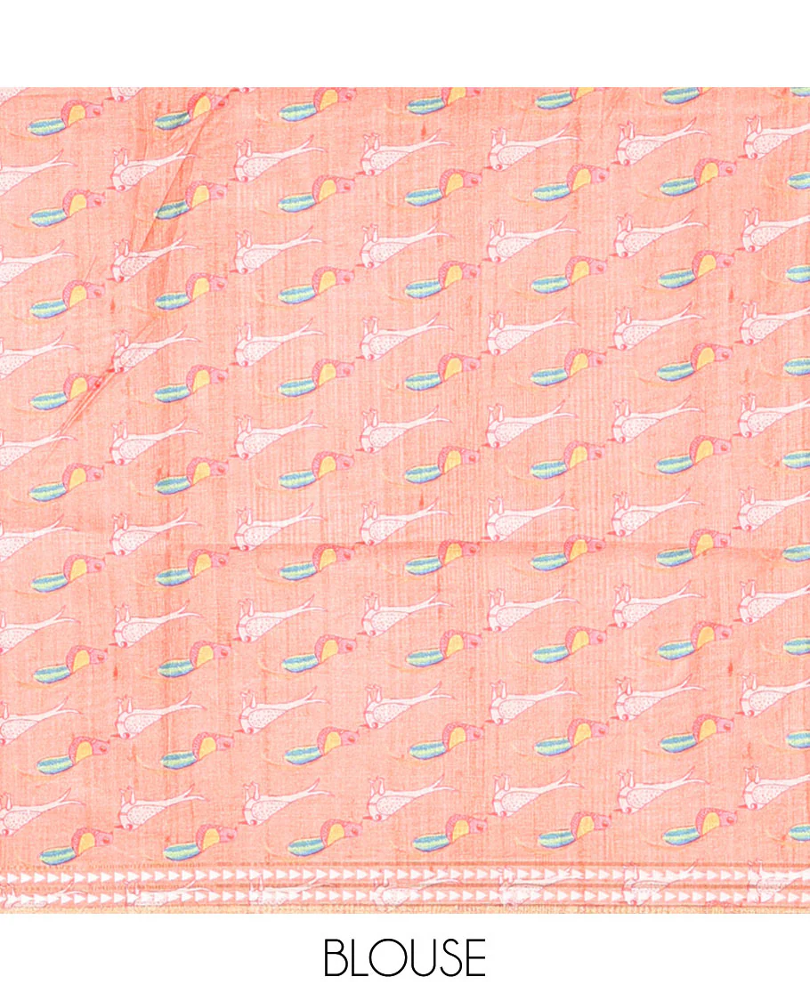 Chikku and Orange Plain Semi-Tussar Saree, Complemented by a Contrast Resham Thread Border, Tree of Life Printed Pallu, and Paired with a Contrast Bird Motifs Printed Blouse - Image 4