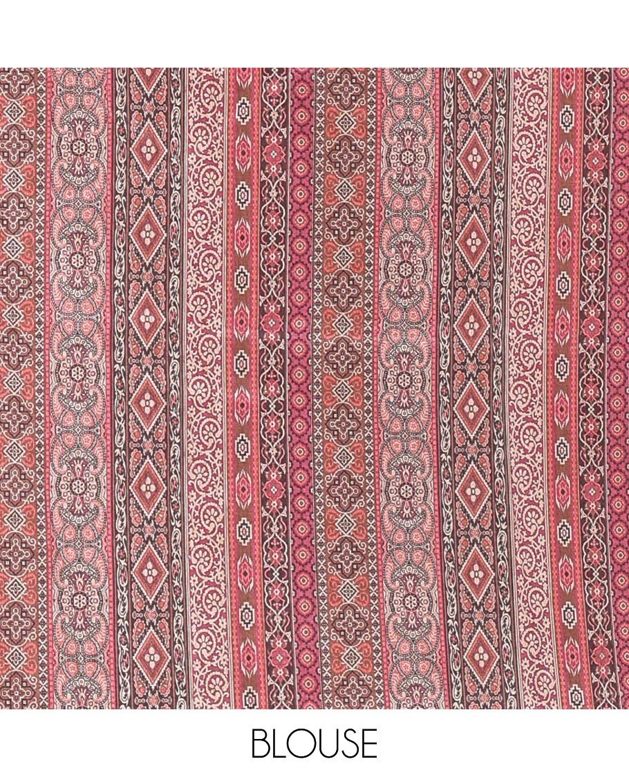 Chikku and purple plain Khicha Tussar saree, temple border of intricate Ajrakh print, Ajrakh printed pallu, and contrast Ajrakh printed blouse - Image 4