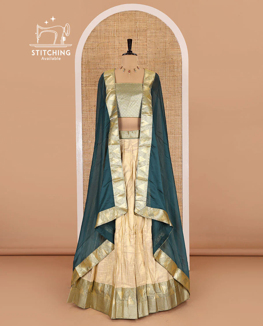 Chikku and rama color half-saree, zari checked with contrast traditional zari bordered banarasi skirt, jacquard blouse, and a contrast zari bordered syska georgette dhavani - Image 2