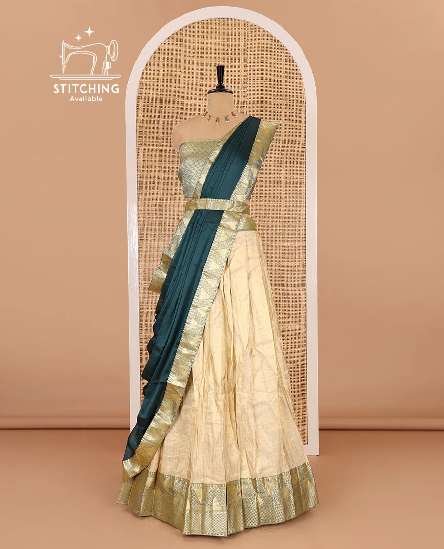Chikku and rama color half-saree, zari checked with contrast traditional zari bordered banarasi skirt, jacquard blouse, and a contrast zari bordered syska georgette dhavani - Image 3