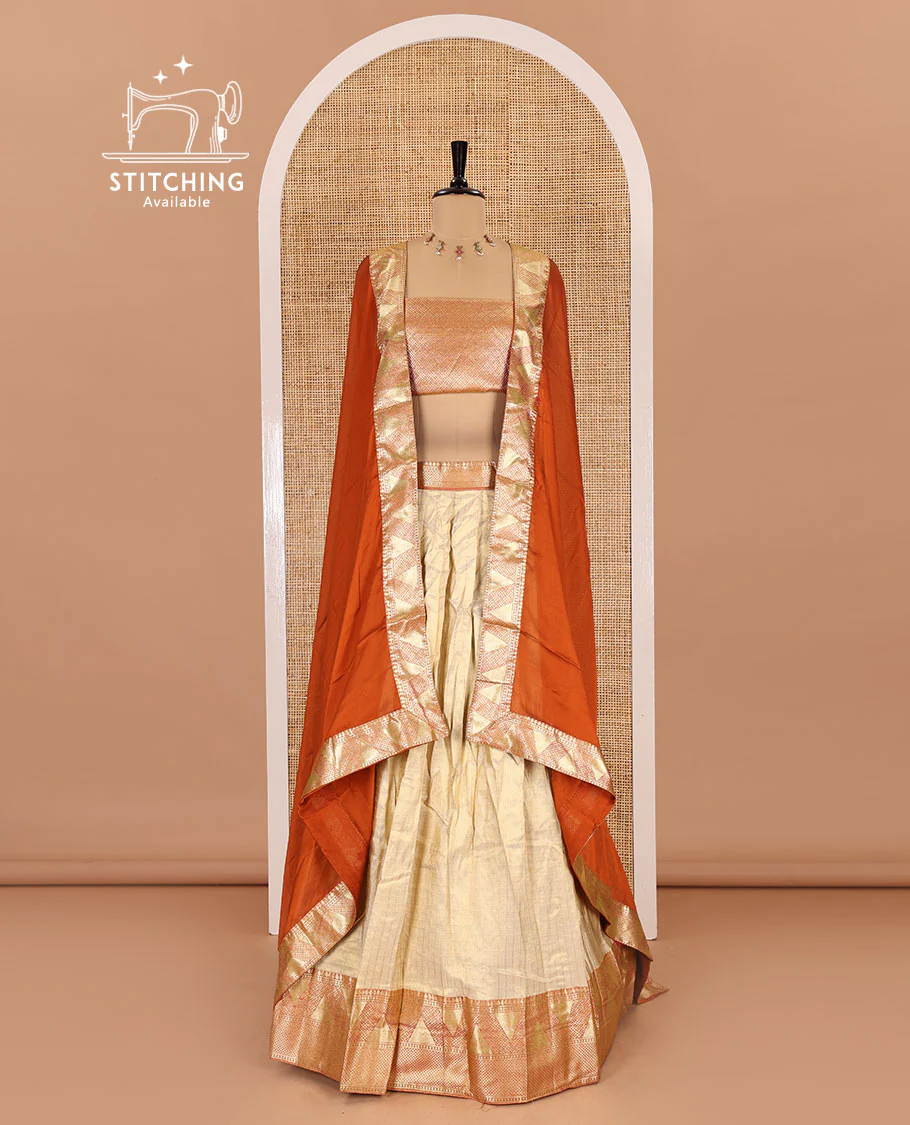 Chikku and rust half-saree, zari checked with contrast traditional zari bordered banarasi skirt, jacquard blouse, and a contrast zari bordered syska georgette dhavani - Image 2