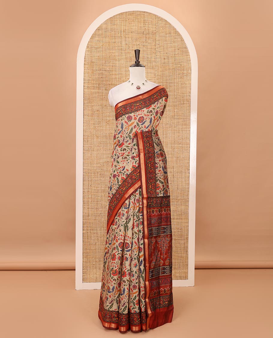Chikku-base multi-hued floral vine printed viscose muslin saree, contrast zari piping border,print pallu & floral motifs print blouse - Image 2