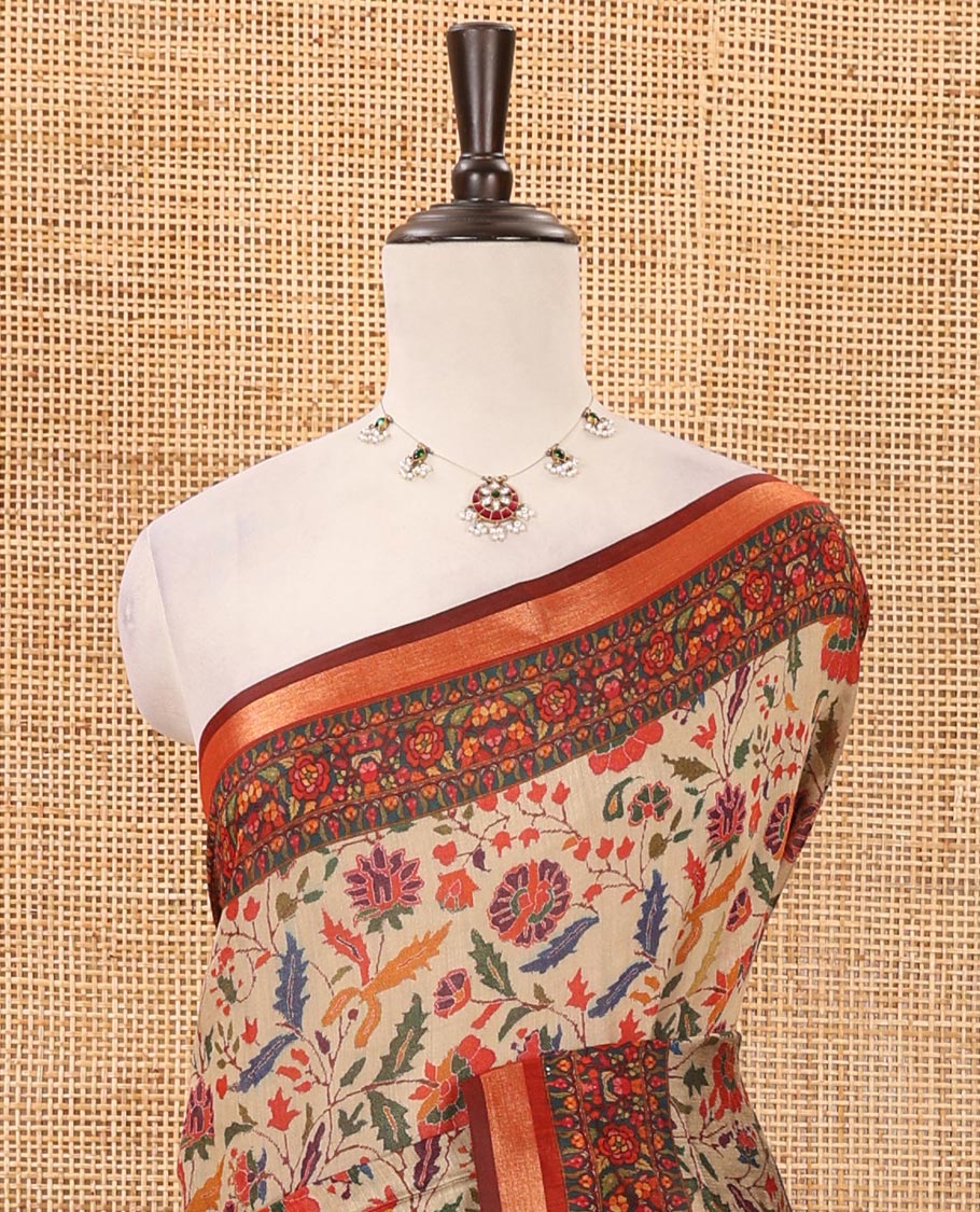 Chikku-base multi-hued floral vine printed viscose muslin saree, contrast zari piping border,print pallu & floral motifs print blouse - Image 3