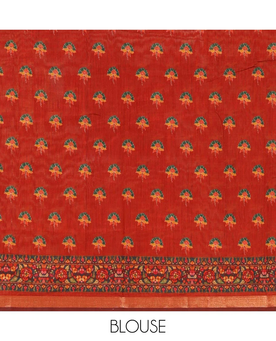 Chikku-base multi-hued floral vine printed viscose muslin saree, contrast zari piping border,print pallu & floral motifs print blouse - Image 4