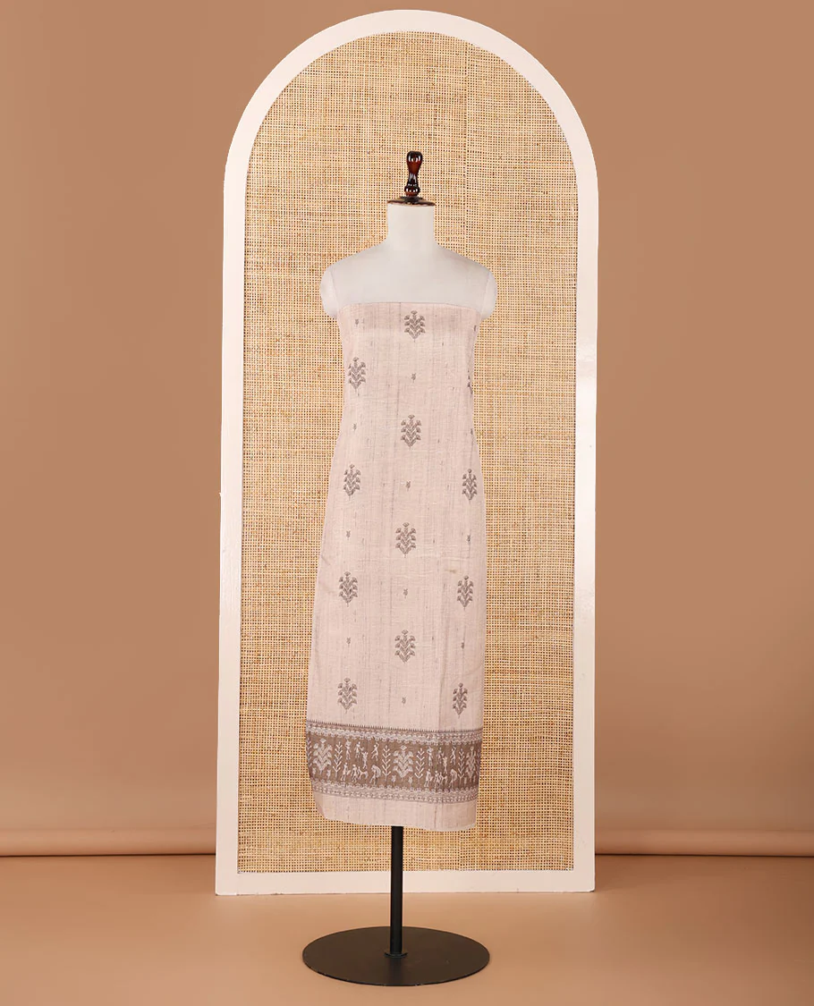 Chikku-base semi-tussar material chudidar set, floral & warli motifs top, contrast brown plain bottom & warli motifs steeped dupatta - Image 3