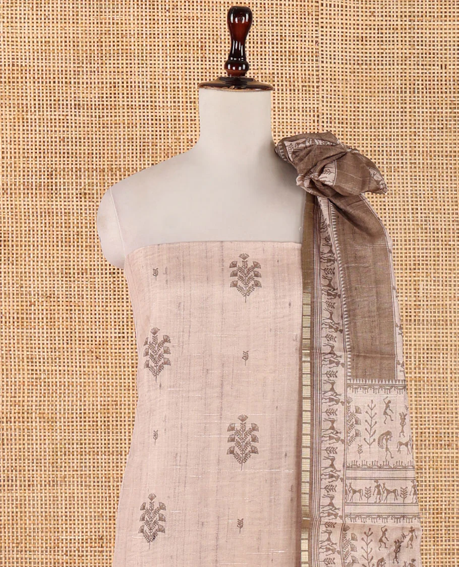 Chikku-base semi-tussar material chudidar set, floral & warli motifs top, contrast brown plain bottom & warli motifs steeped dupatta - Image 4