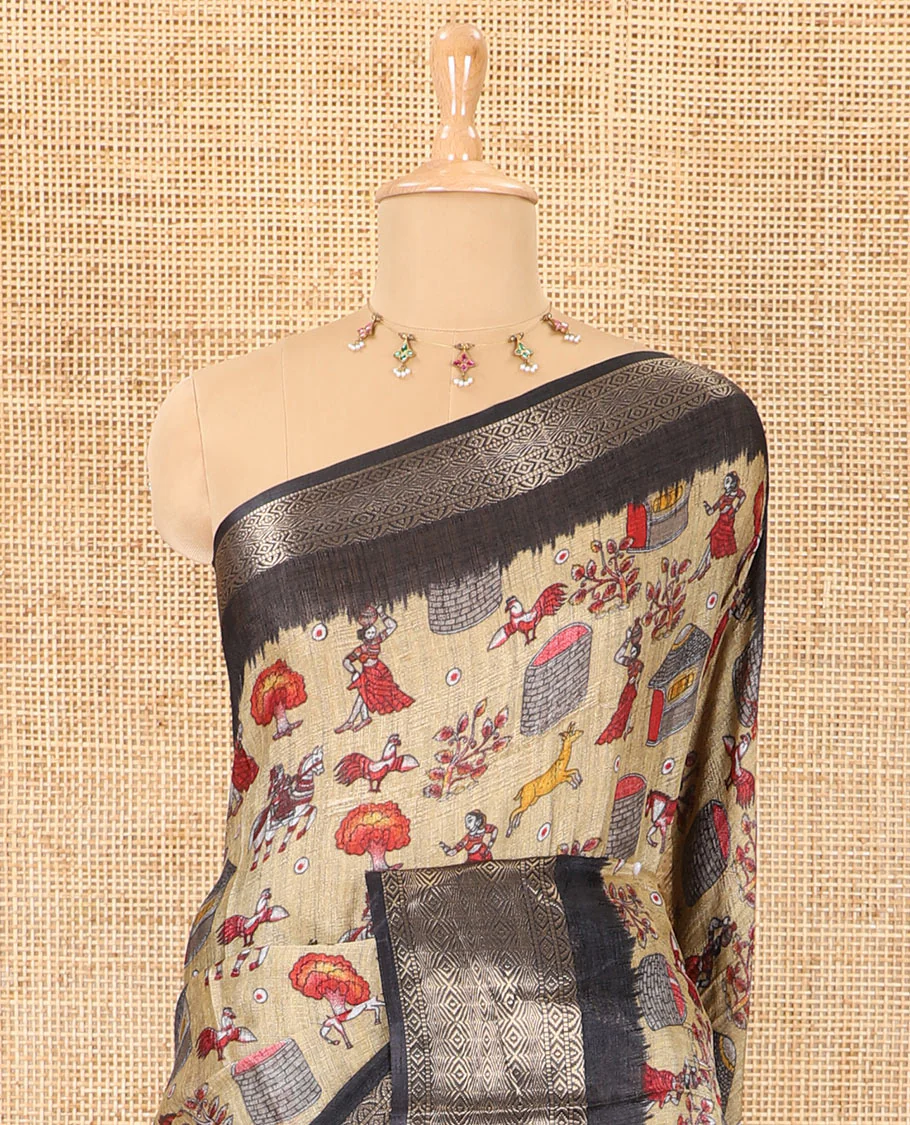Chikku-black color animal and village theme printed khadi jute saree, contrast jaal patterns zari woven border, printed pallu, and a contrast blouse - Image 3