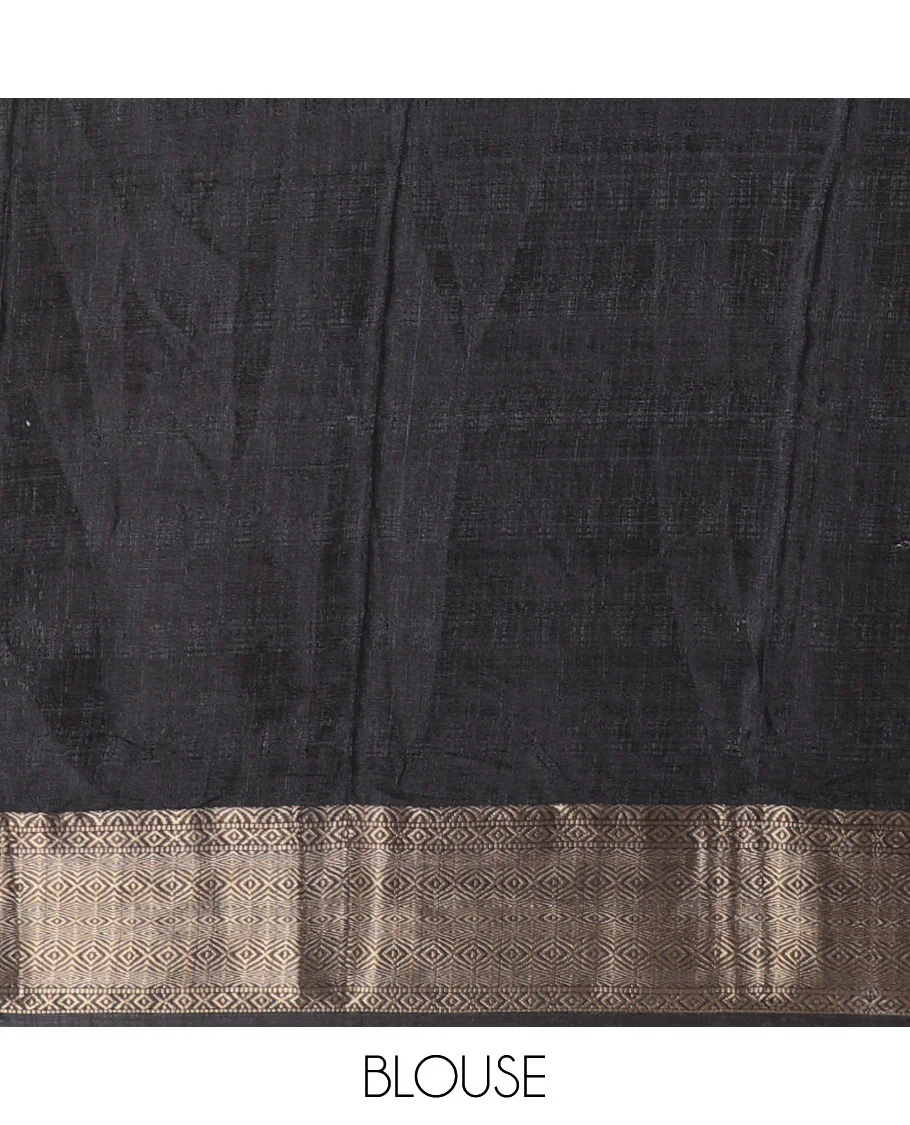 Chikku-black color animal and village theme printed khadi jute saree, contrast jaal patterns zari woven border, printed pallu, and a contrast blouse - Image 4