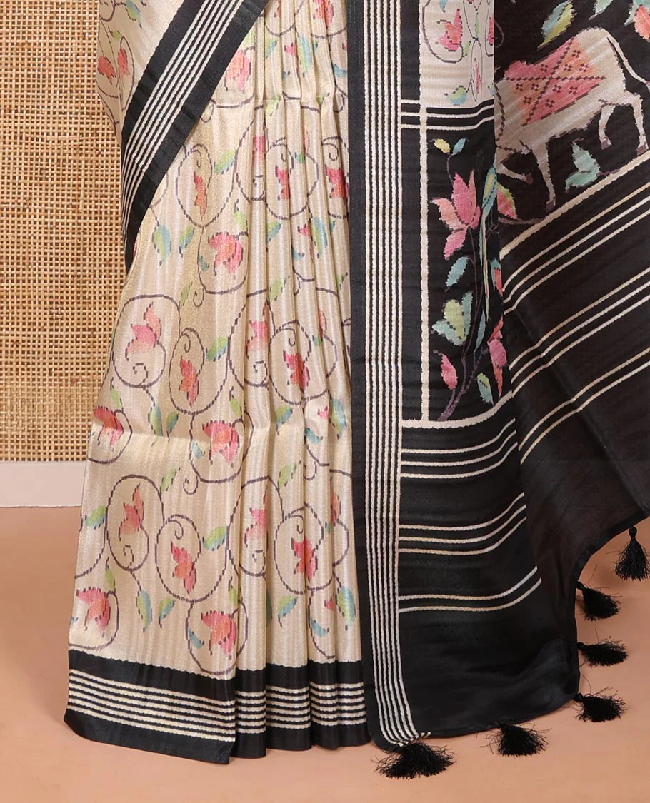 Chikku-black floral vine printed tissue patola saree, contrast striped border, pallu of floral and Pichwai cow motifs print, and a plain blouse - Image 3