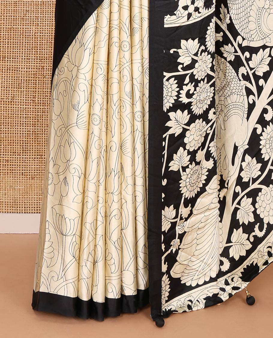 Chikku-black half-and-half plain and kalamkari floral printed satin crepe saree, plain border, pallu of floral vine and peacock printed, and kalamkari floral printed blouse - Image 3