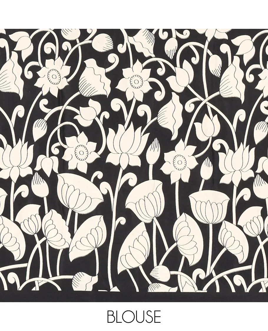Chikku-black half-and-half plain and kalamkari floral printed satin crepe saree, plain border, pallu of floral vine and peacock printed, and kalamkari floral printed blouse - Image 4