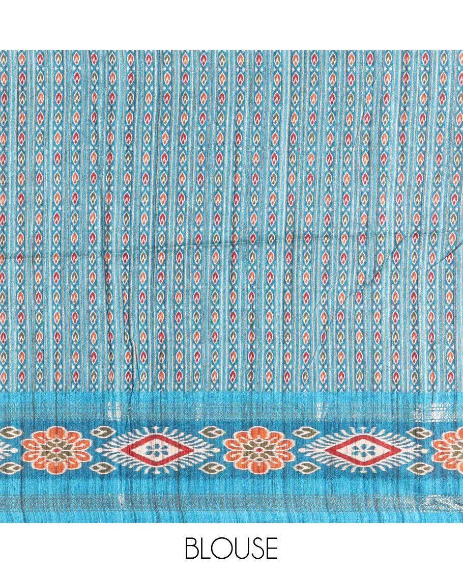 Chikku- blue plain Katan silk saree, contrast ikkat floral-geometric printed temple border, ikkat printed pallu, and ikkat printed blouse - Image 4