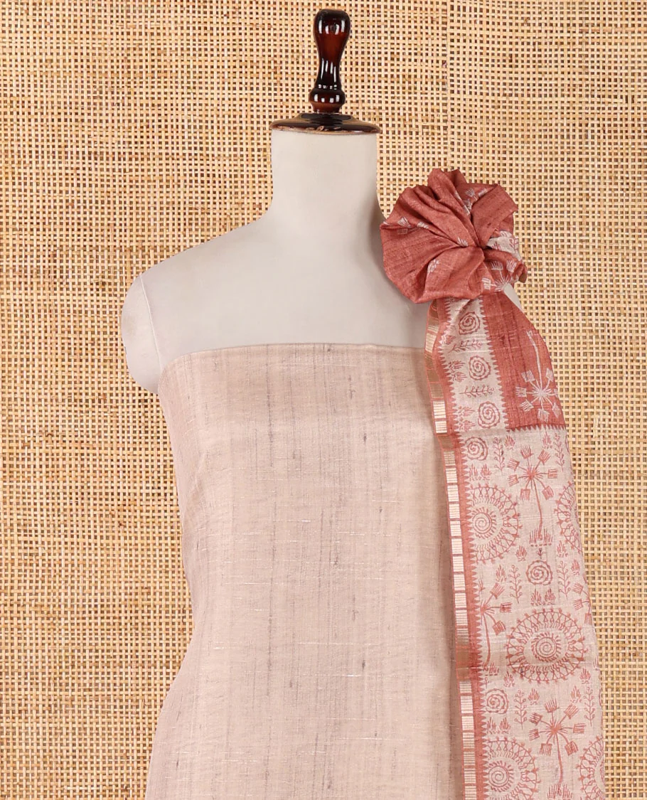 Chikku color semi-tussar material chudidar set, warli motifs top, contrast rust plain bottom & dupatta steeped with warli motifs - Image 4