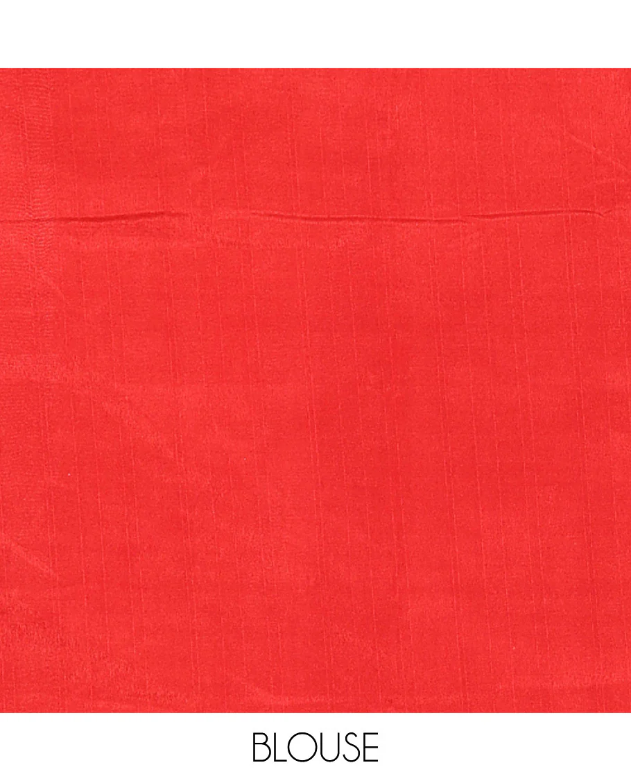 Chikku color swastika & Hindi typography printed jute cotton saree, contrast printed border, printed pallu & plain red blouse - Image 4