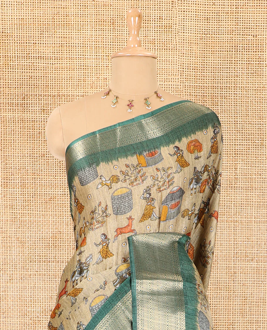 Chikku-green color animal and village theme printed khadi jute saree, contrast jaal patterns zari woven border, printed pallu, and a contrast blouse - Image 3