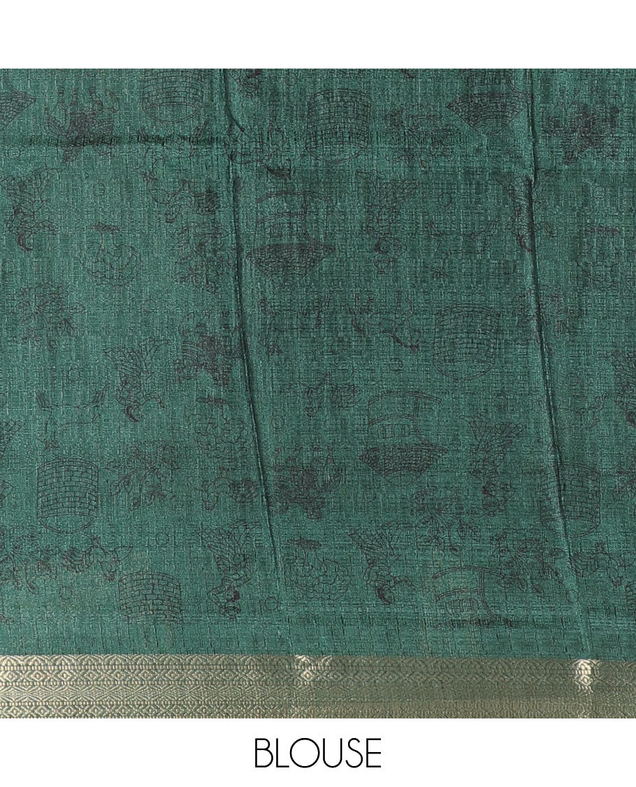 Chikku-green color animal and village theme printed khadi jute saree, contrast jaal patterns zari woven border, printed pallu, and a contrast blouse - Image 4
