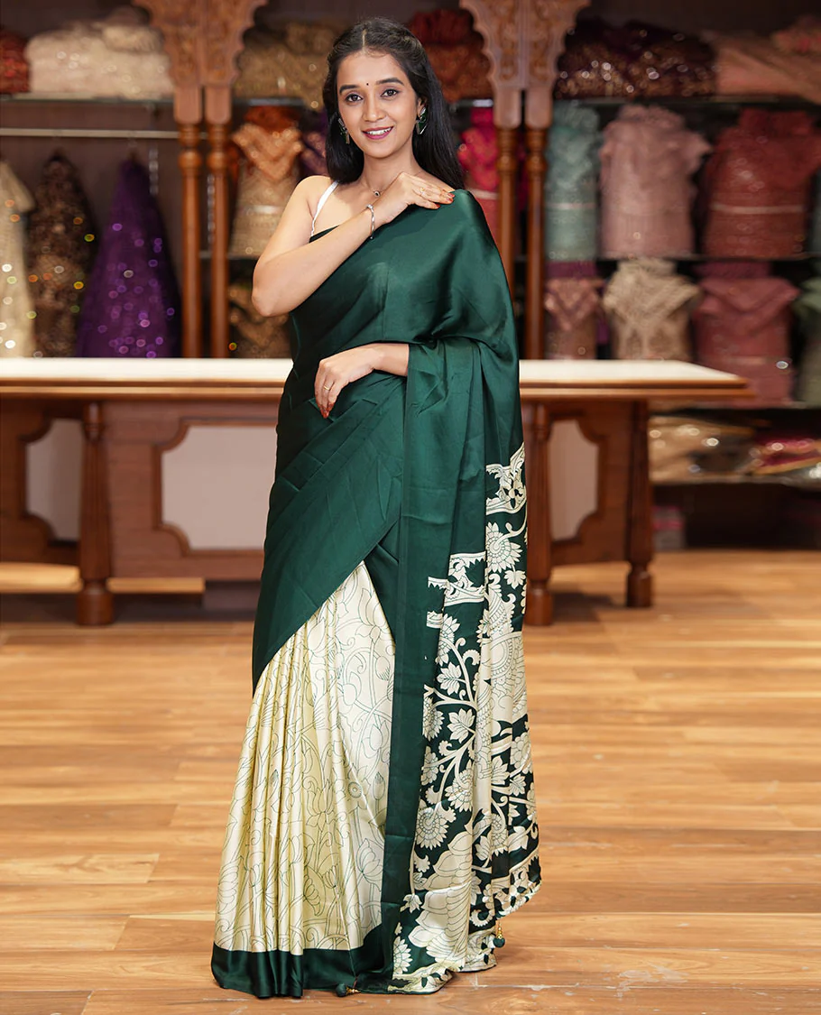 Chikku-green half-and-half plain and kalamkari floral printed satin crepe saree, plain border, pallu of floral vine and peacock printed, and kalamkari floral printed blouse - Image 2
