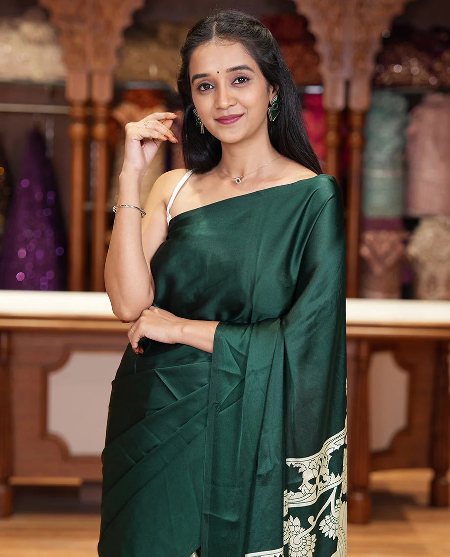 Chikku-green half-and-half plain and kalamkari floral printed satin crepe saree, plain border, pallu of floral vine and peacock printed, and kalamkari floral printed blouse - Image 3