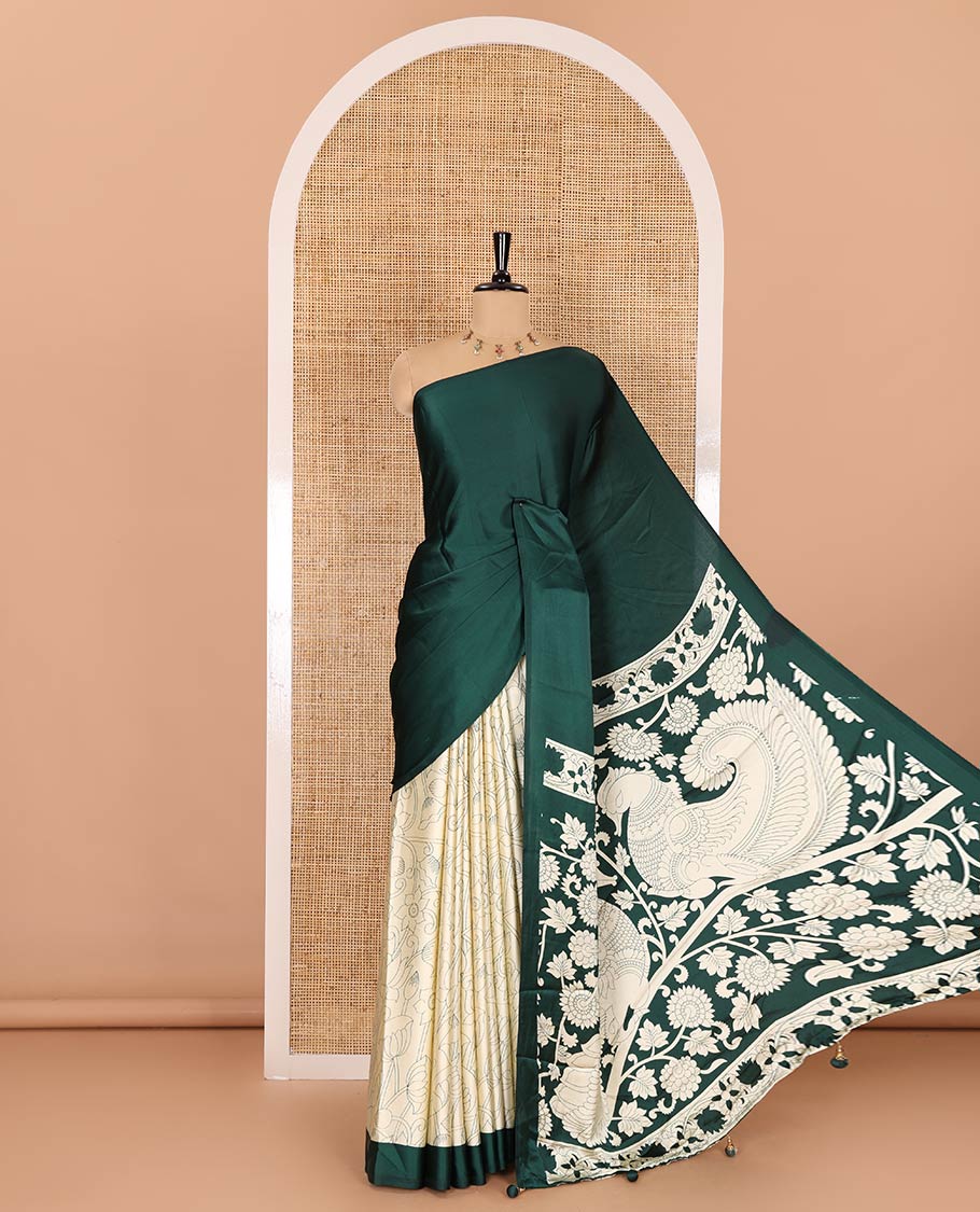 Chikku-green half-and-half plain and kalamkari floral printed satin crepe saree, plain border, pallu of floral vine and peacock printed, and kalamkari floral printed blouse - Image 4