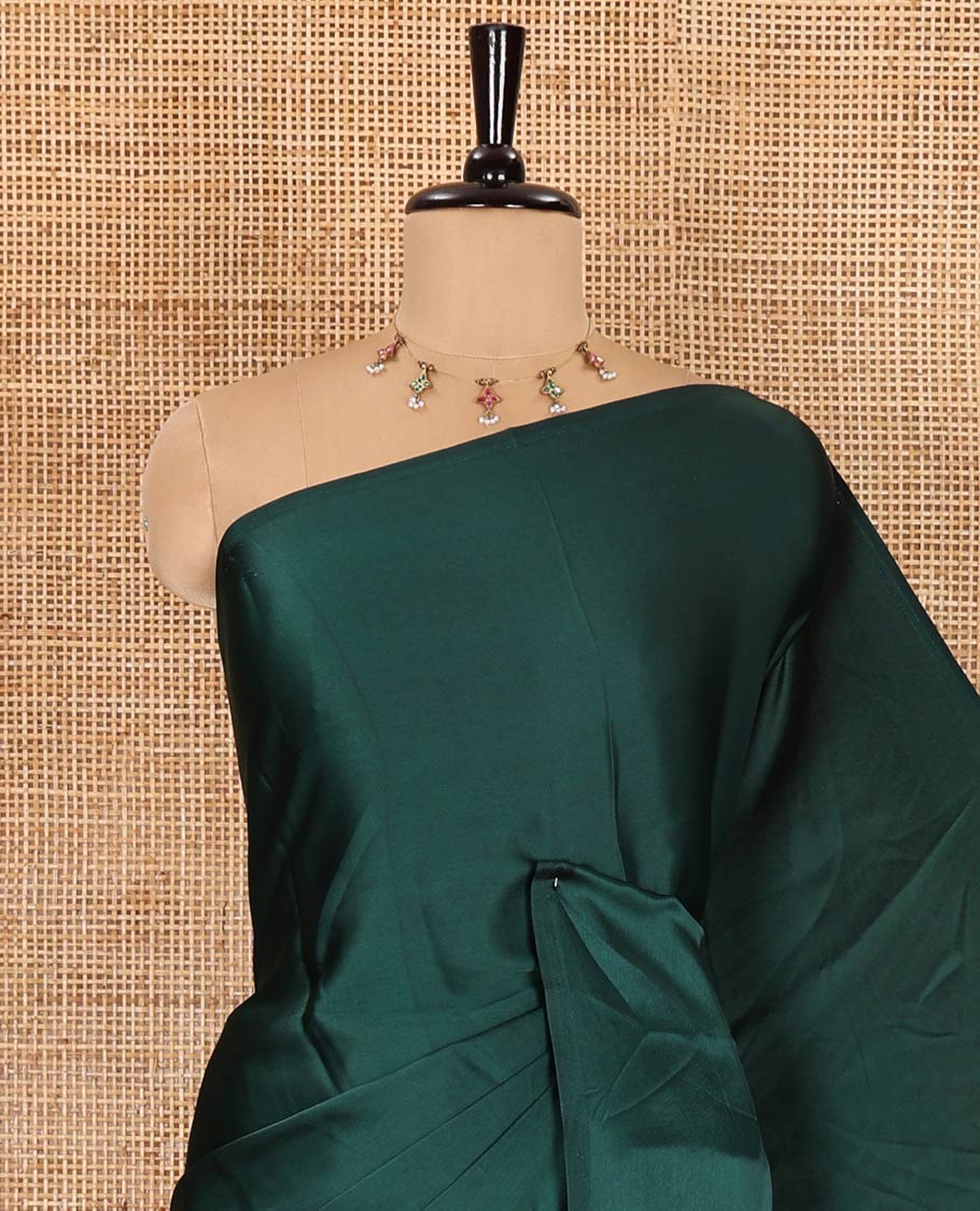 Chikku-green half-and-half plain and kalamkari floral printed satin crepe saree, plain border, pallu of floral vine and peacock printed, and kalamkari floral printed blouse - Image 5