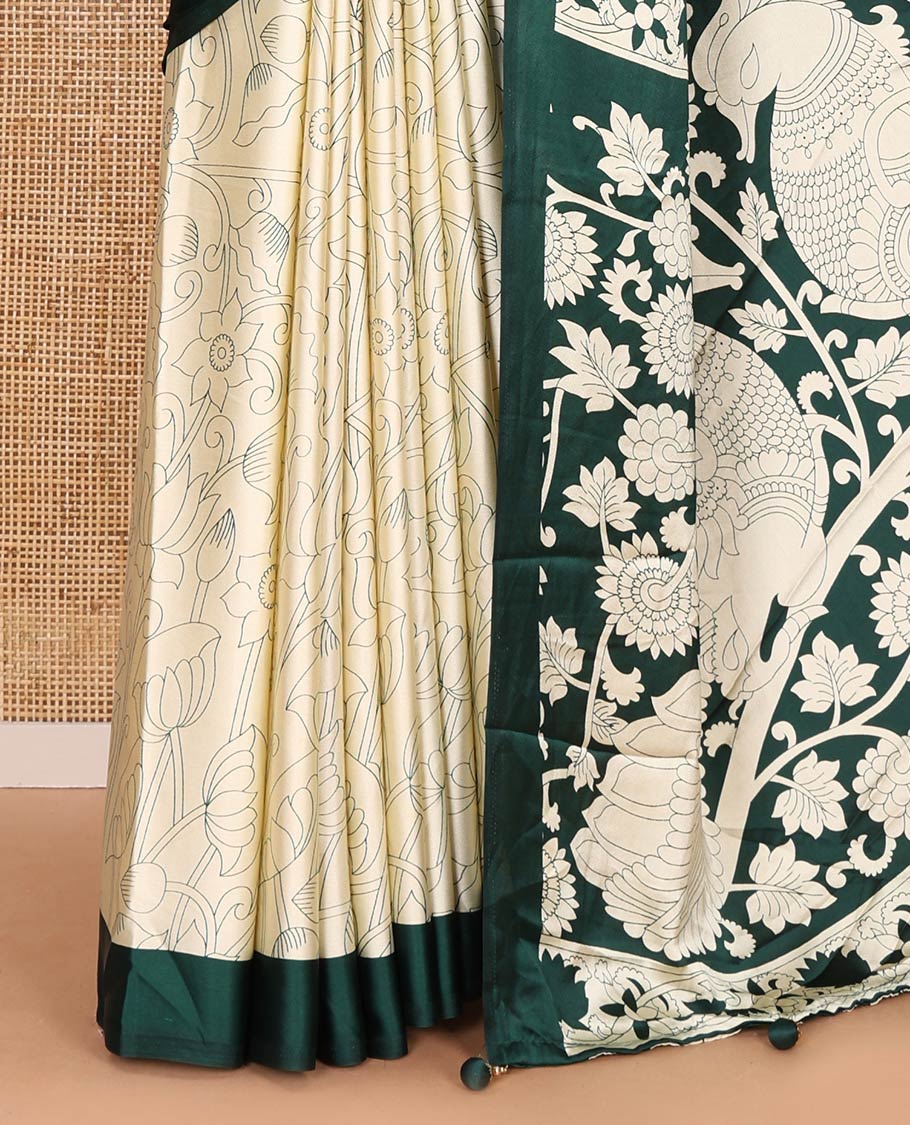 Chikku-green half-and-half plain and kalamkari floral printed satin crepe saree, plain border, pallu of floral vine and peacock printed, and kalamkari floral printed blouse - Image 6