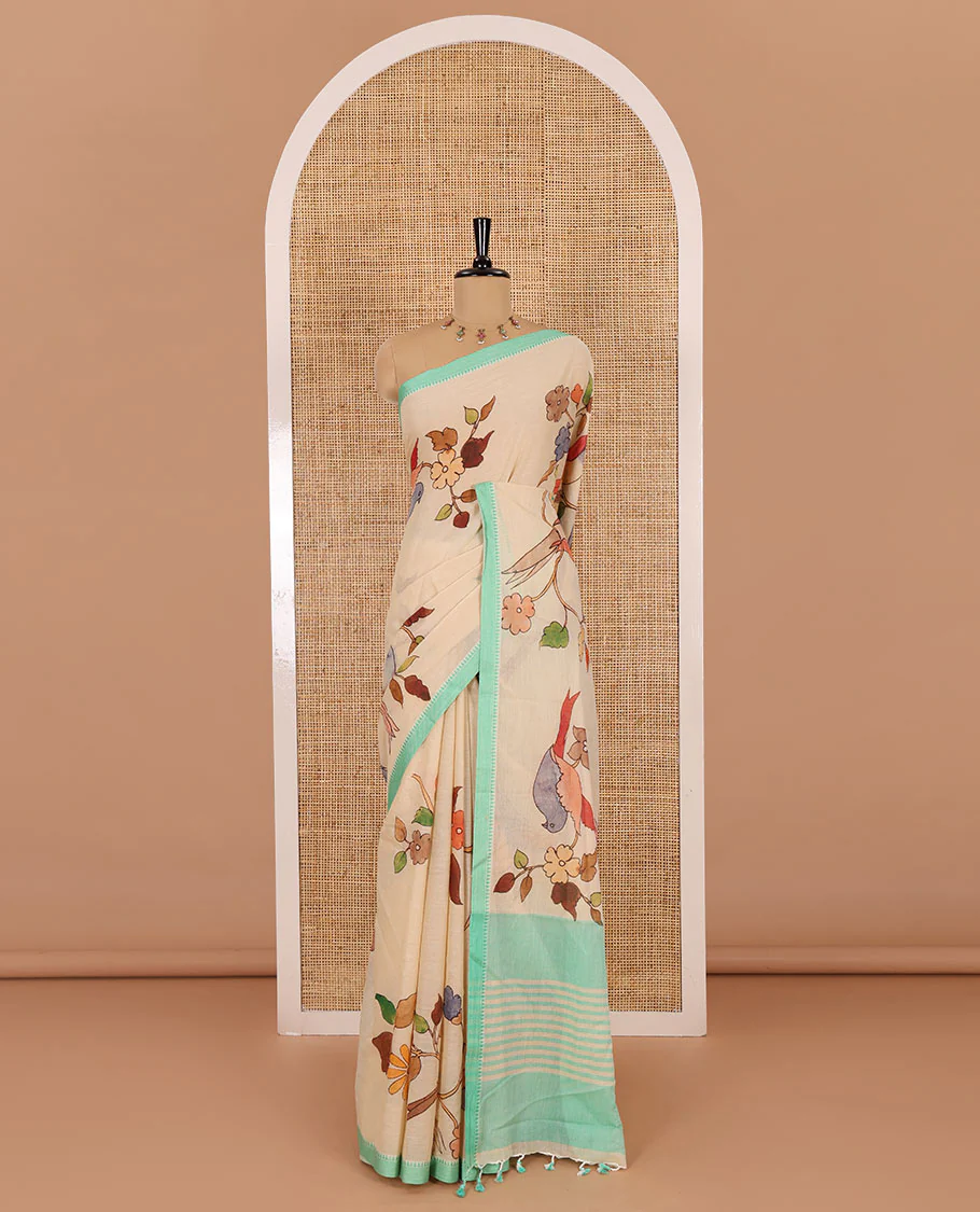 Chikku-green macow parrot and floral printed Mangalgiri cotton saree, contrast thread traditional border, astriped pallu, and floral-stripes printed blouse - Image 2