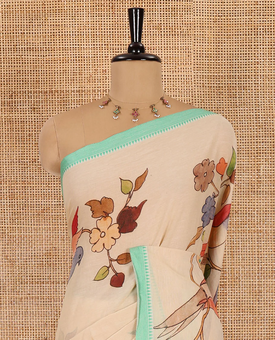 Chikku-green macow parrot and floral printed Mangalgiri cotton saree, contrast thread traditional border, astriped pallu, and floral-stripes printed blouse - Image 3
