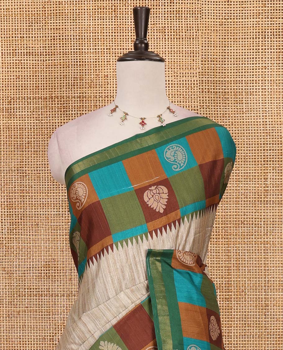 Chikku-Green plain kathan silk saree, contrast buttas enclosed multi-color checked blocks border, temple pallu, and contrast blouse of checks, and buttas - Image 3
